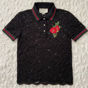 RARE GUCCI Polo T-shirt Black Lace with Embroidered Flower and Striped Trim